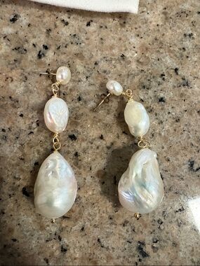 Irregular White Baroque Pearl Drop Earrings with Gold Accents